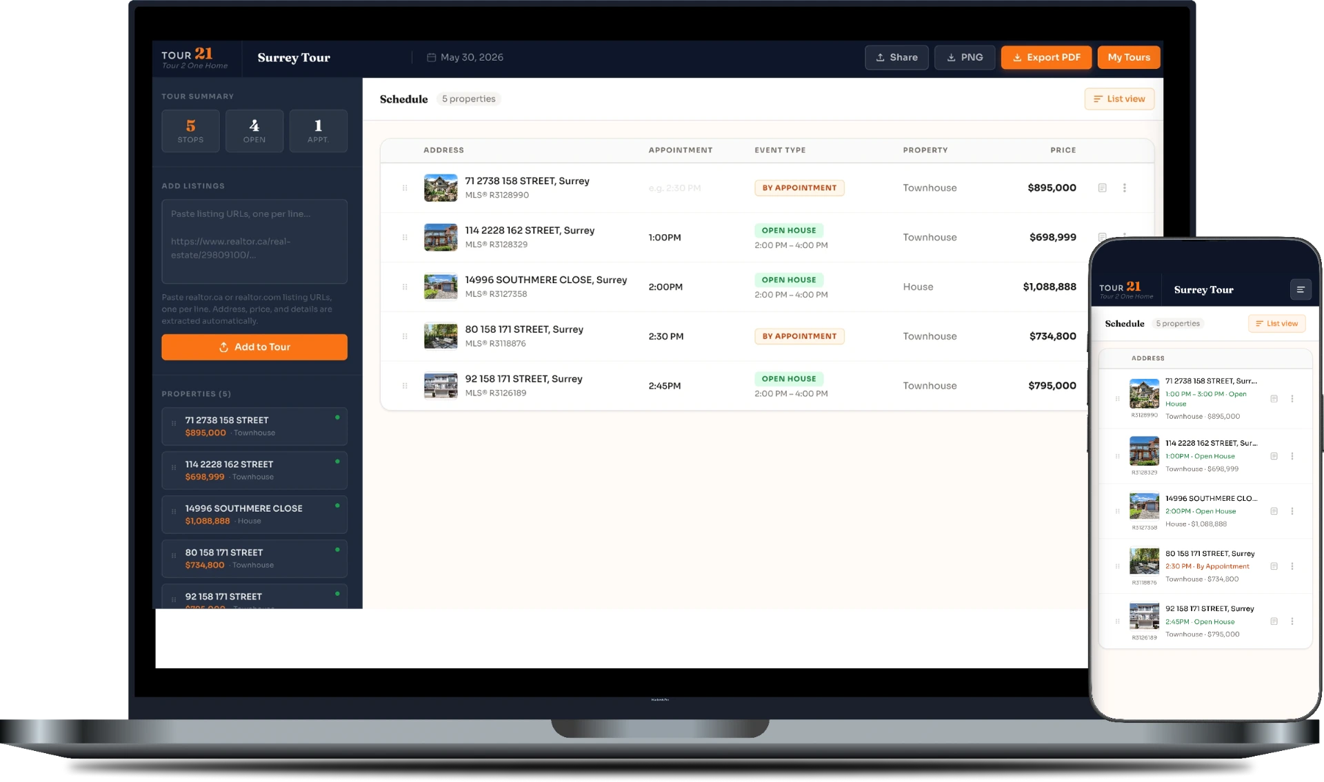 Tour 21 — shared tour schedule ready to export