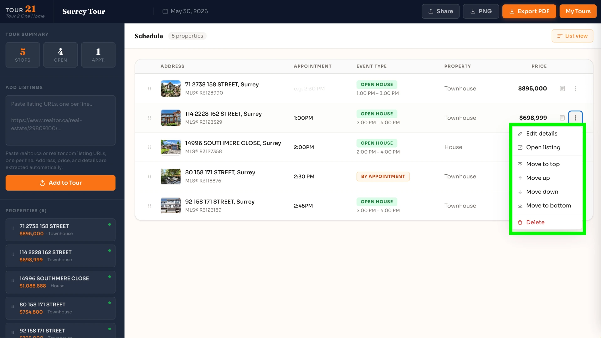 Tour 21 — drag and drop route ordering by geography