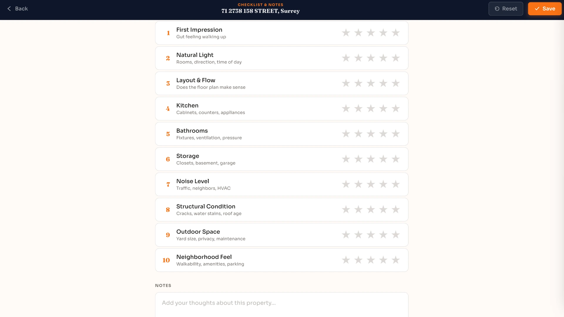 Tour 21 — completed tour with per-property ratings and notes ready to compare